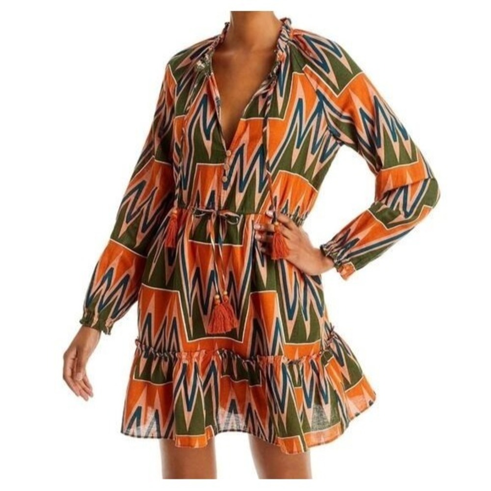 Veronica Beard Danica Mini‎ Dress Women L EUC Boho Linen Cotton Long Sleeve